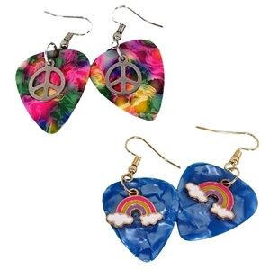 2 PR Earrings Hand Crafted Recycled Guitar Picks Rainbows & Hippie Peace Symbols
